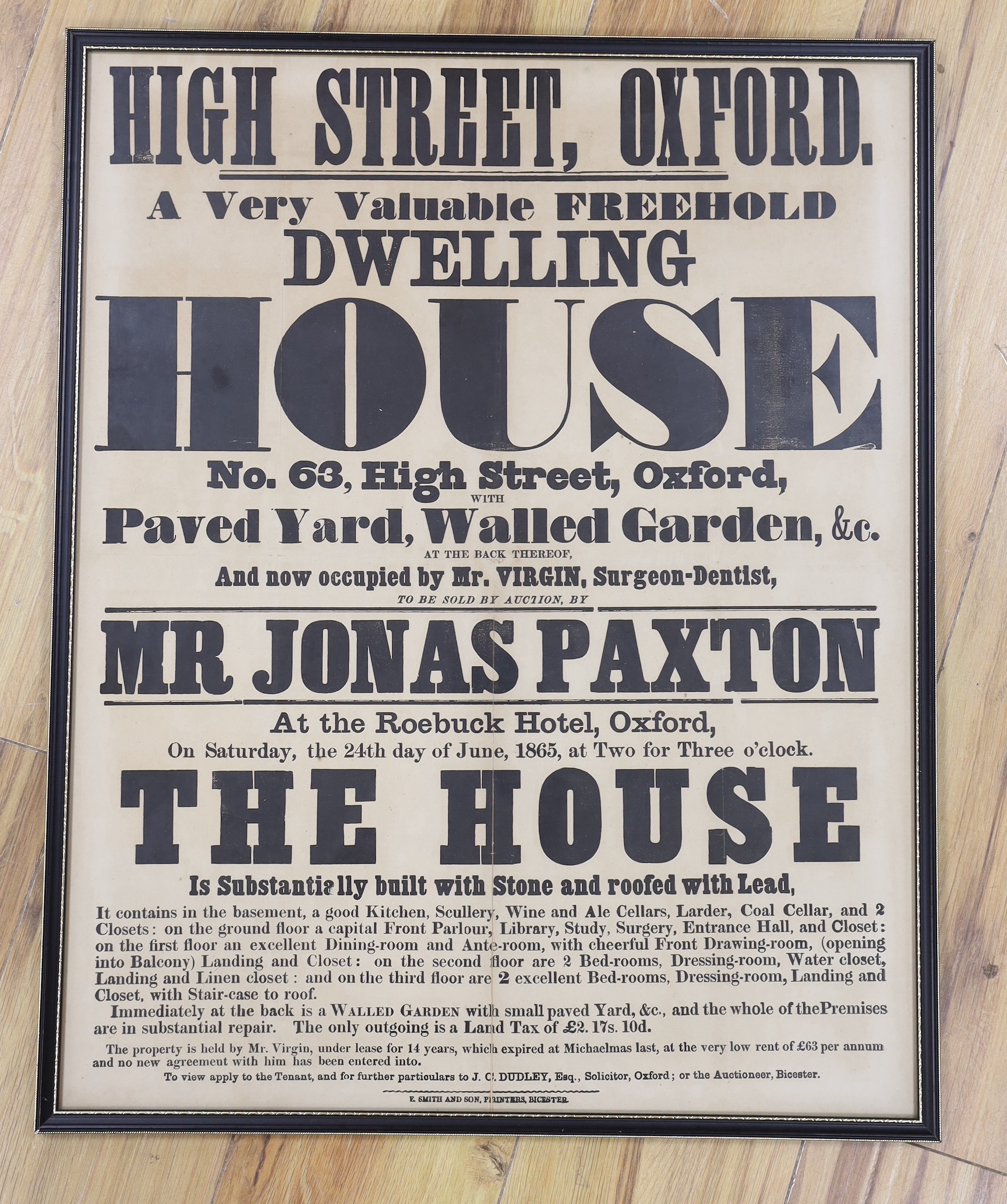 An original Victorian poster advertising the sale of a house at 63 High Street, Oxford, June 1865, 63 x 50cm